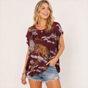 CH Fashion Tiger Top Women's Size L Embellished Rust Brown Stretch Nature Artsy